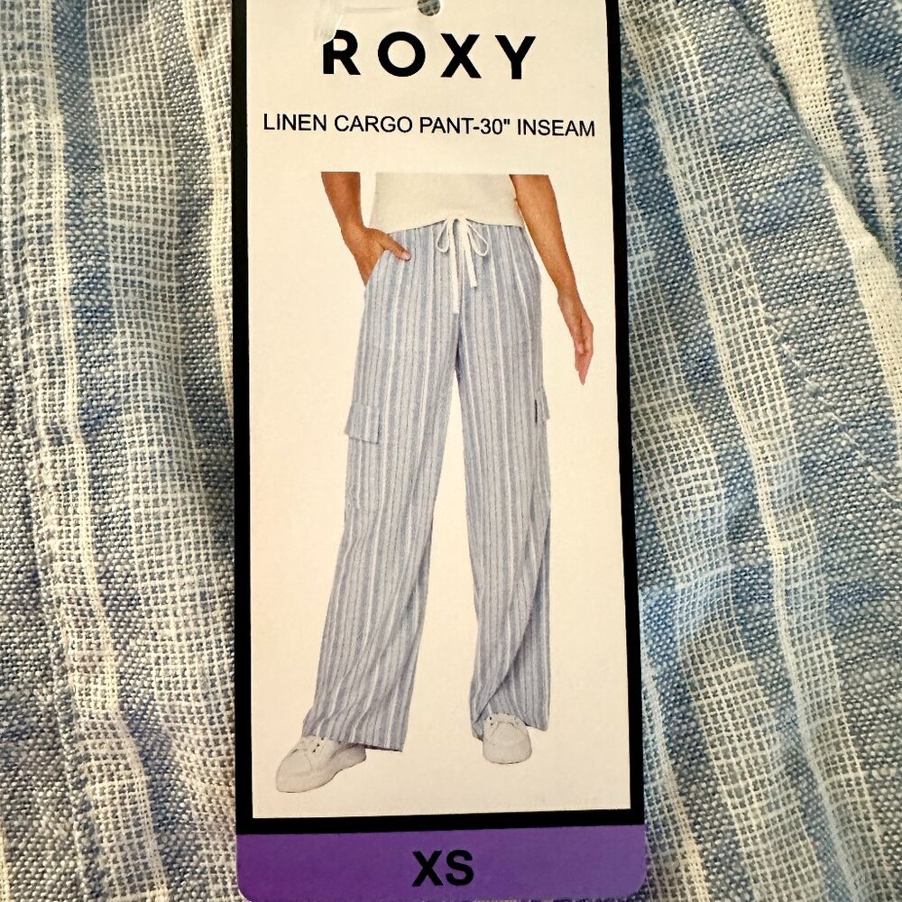 Roxy Women's Linen Blend Cargo Pant Size XS Blue Cottagecore Coastal Boho (NEW)